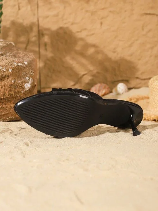 Black Elegant Women's Satin Metal detail Open Toe Slippers High Heel Sandals - Picture 7 of 7